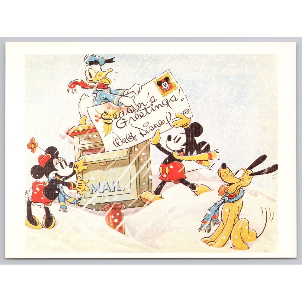 Vintage Walt Disney Christmas Postcard Seasons Greetings 1936 Mickey Donald 5x7